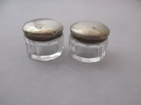 Pair Of Small Sterling Silver And Cut Glass Rouge Pots Antique Birmingham 1912