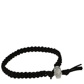 Sterling Silver Macramé Skull Bracelet on Black Leather Cord