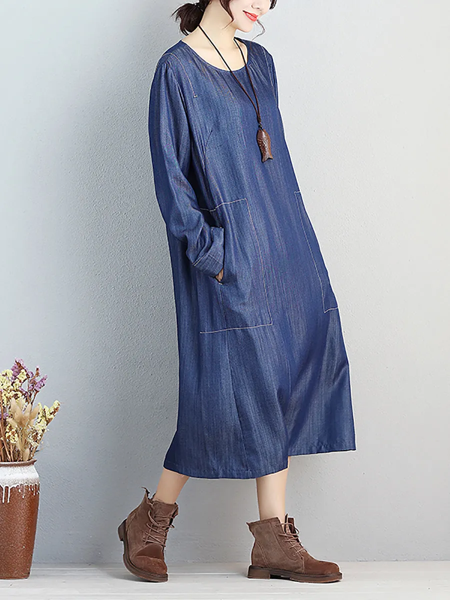 Women Casual Spring Simple Round Neck Loose Dress